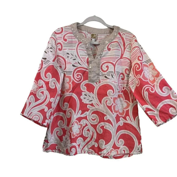 JM Collection Petite Womens L Cream Paisley V Neck  Linen Blouse - Picture 1 of 10